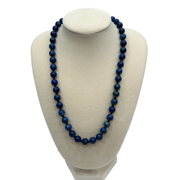 Vintage Lapis Lazuli Beaded Necklace Round Blue Gemstone Strand Jewelry 16” - Picture 1 of 10